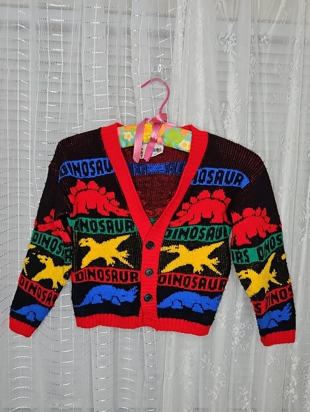 Vintage 80s 90s Kids Classic Dinosaur Knit Sweater W/ Primary Colors Sz2
